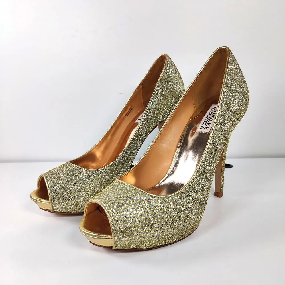 Badgley Mischka Glitter Platform Peep Toe Pumps Gold Stiletto Heels 10M